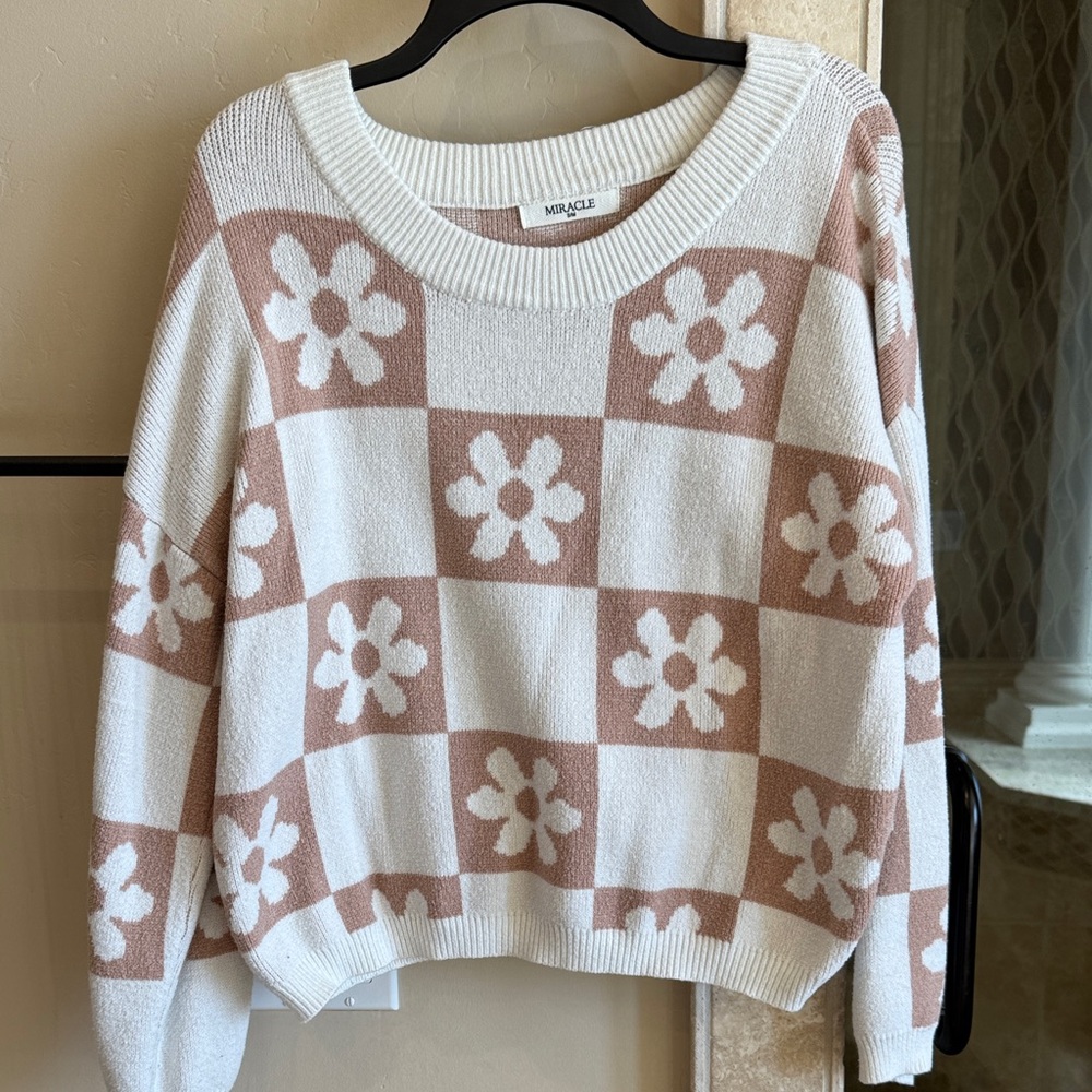 Miracle Cream and Blush Floral Check Crewneck Sweater